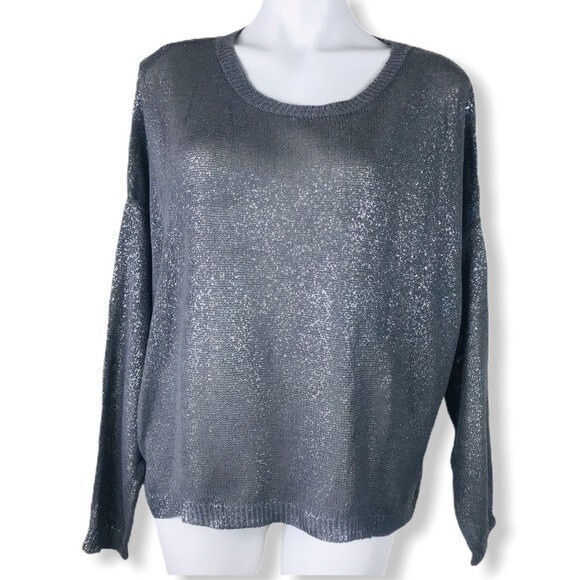 Sisters Oversized Boxy Silver Foiled Metallic Sparkle Crew Neck Sweater Tunic S - Picture 1 of 8